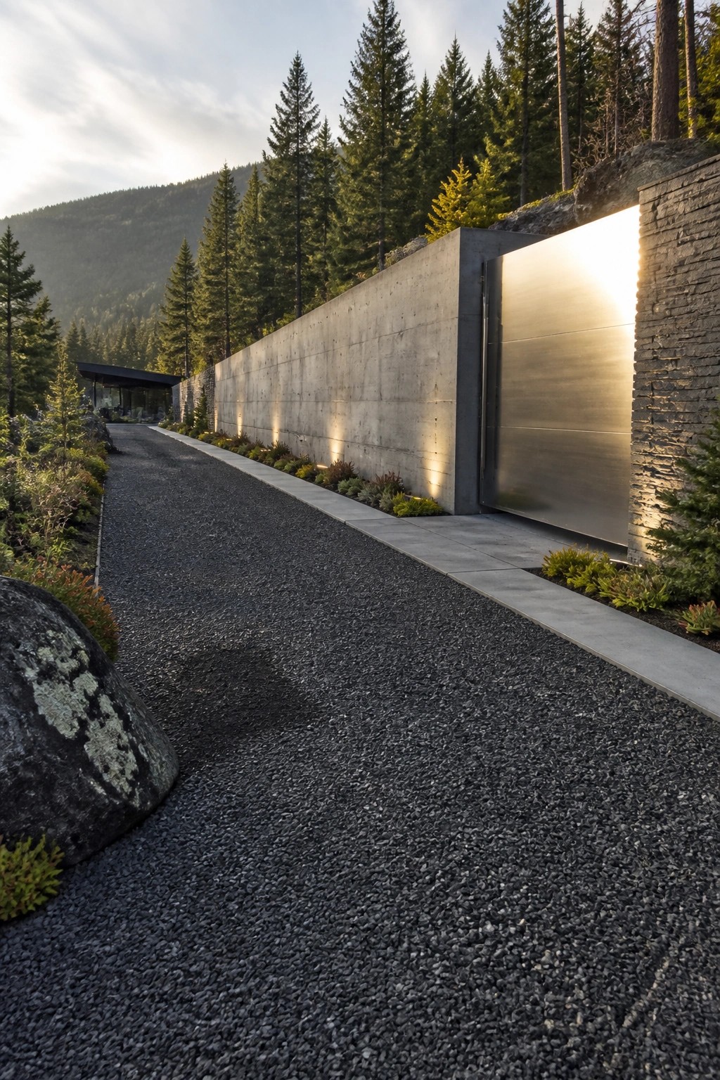 A long gravel driveway runs beside a tall concrete wall with a large metal gate, bordered by low plants and trees in a mountain setting.