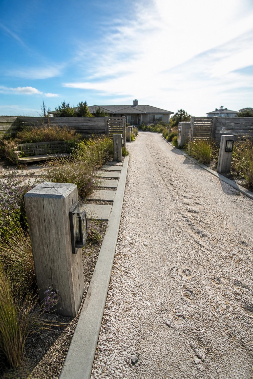 Gravel path to modern house lined with wooden posts, lanterns, and stone steps.