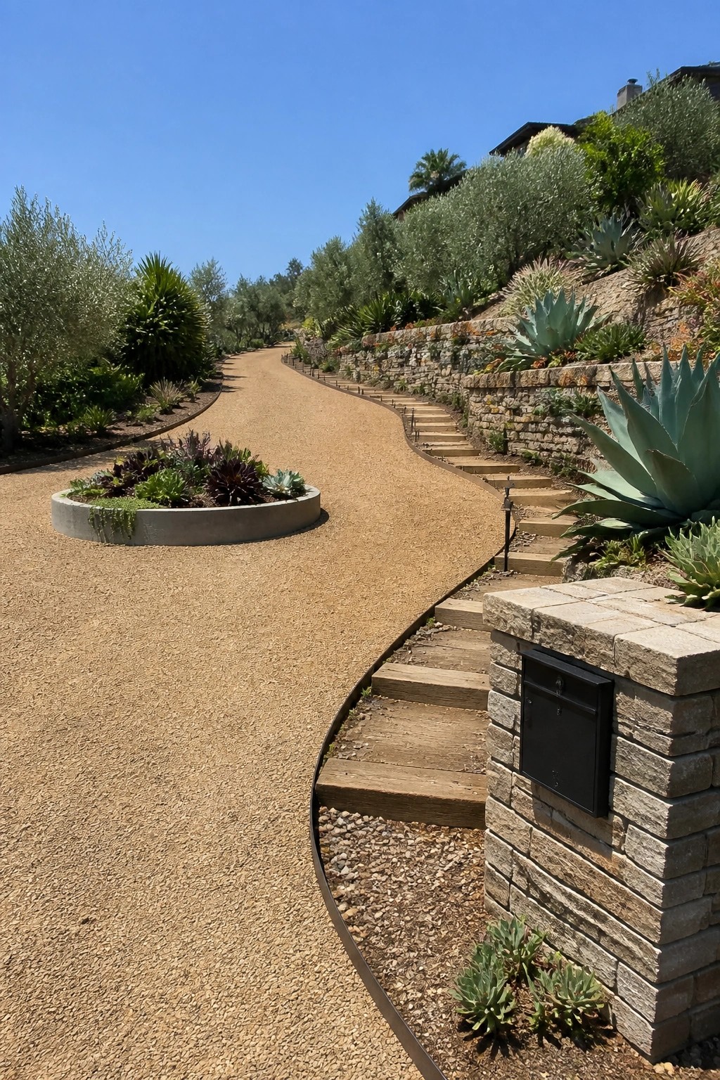 Winding gravel path beside wooden stairs, stone walls, succulents, and mailbox.