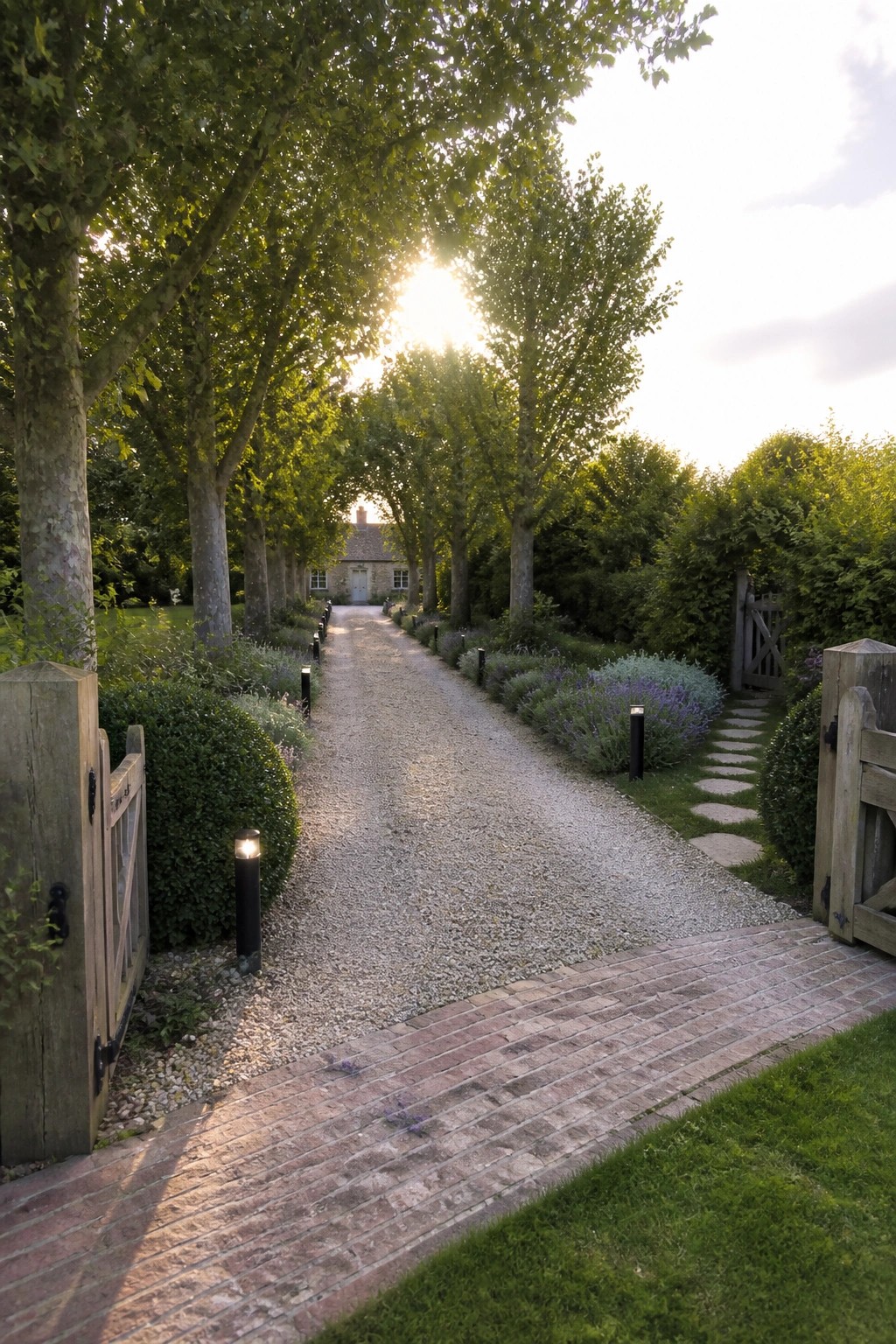 A long gravel driveway lined with tall trees leads toward a stone house, with low black path lights, lavender borders, wooden gates, and a brick section in the foreground.