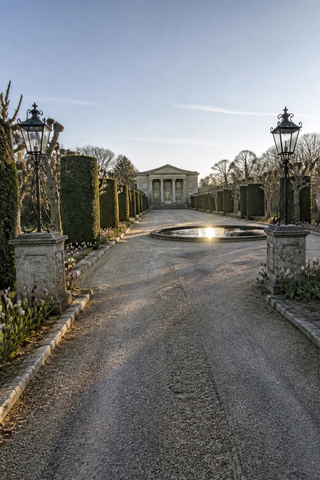 A long gravel driveway lined with tall clipped hedges leads to a stone classical house, with two black lanterns on stone pillars at the entrance and a small circular pond reflecting sunlight.