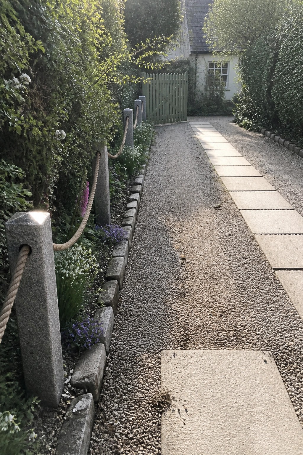 Gravel path lined with rope posts and stone slabs leads to green gate in garden