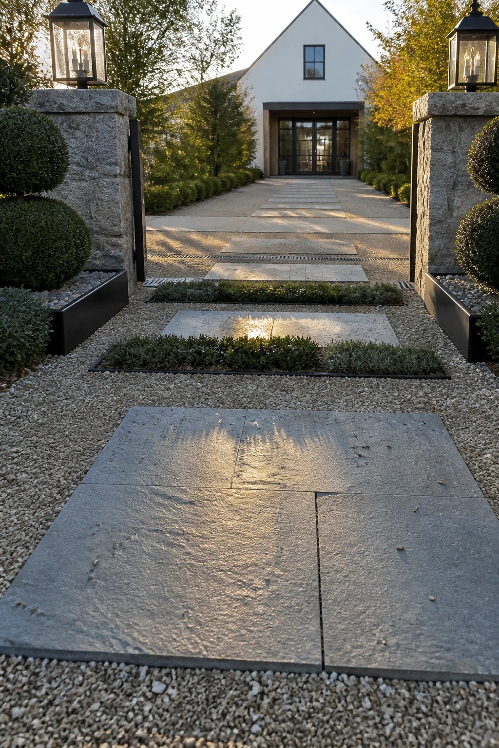 A gravel driveway with large rectangular stone pavers and narrow planting beds running between them, framed by stone pillars with lanterns and leading toward a white house.