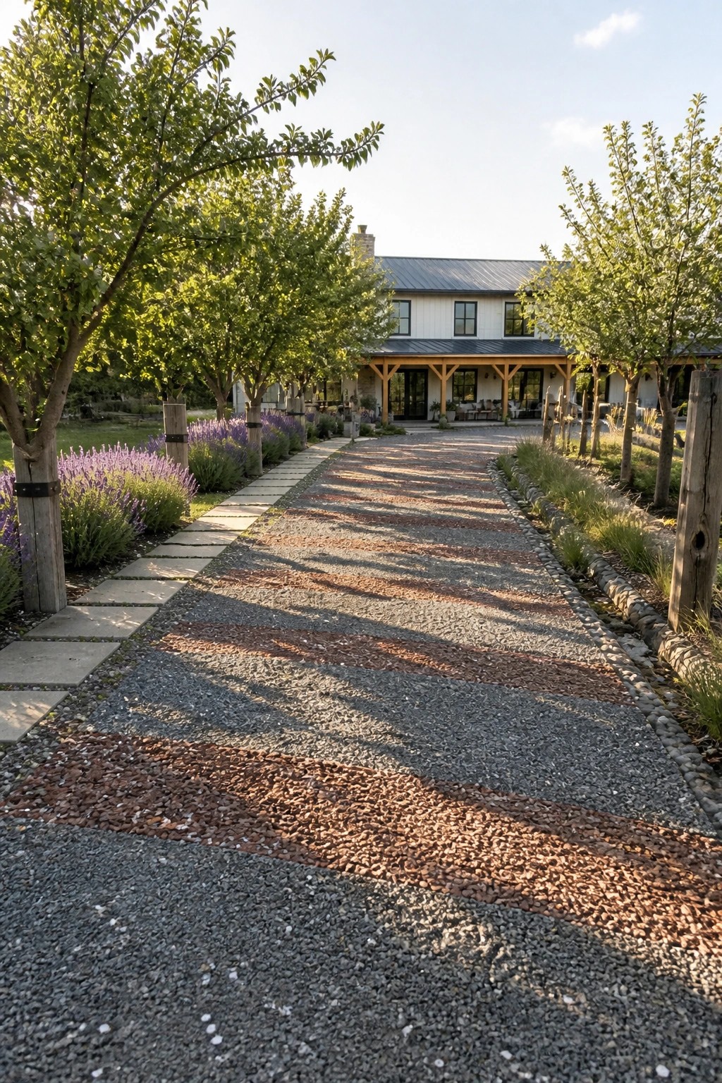 A long driveway of alternating gray and reddish-brown gravel stripes leads to a white house, lined with trees, lavender, and a stone path on the left.