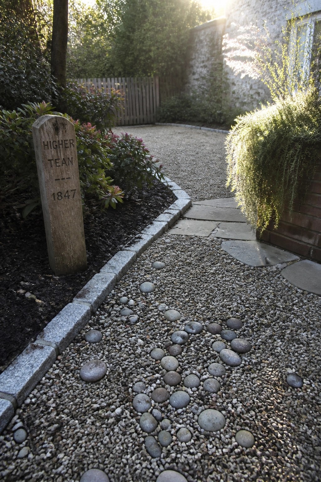 A gravel path with smooth stones arranged in a circular pattern, bordered by stone edging and a wooden marker post.