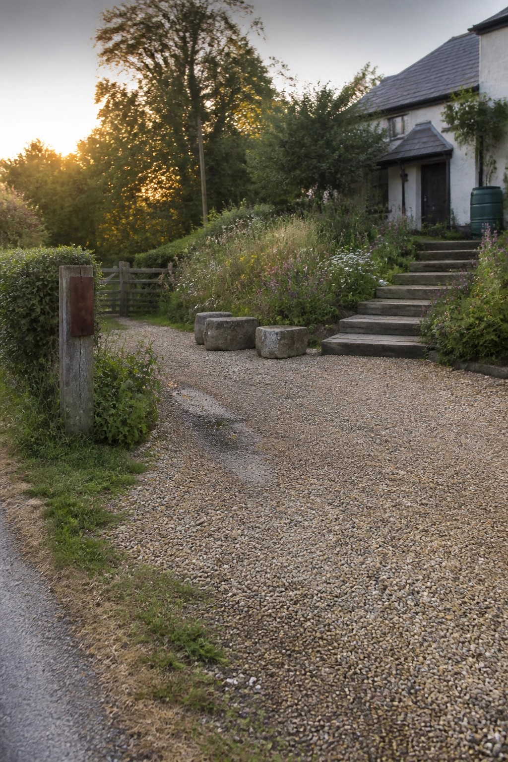 A gravel driveway curves past a wooden post toward stone steps leading to a white house with surrounding greenery and trees.