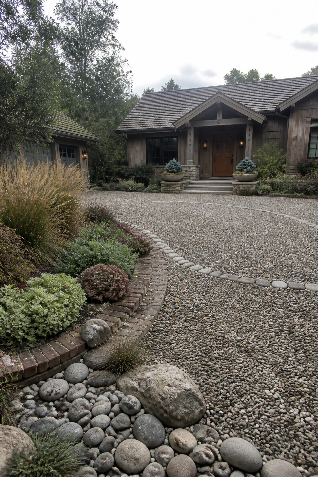 A curved gravel driveway bordered by round stones leads to a wooden house with landscaping on both sides.