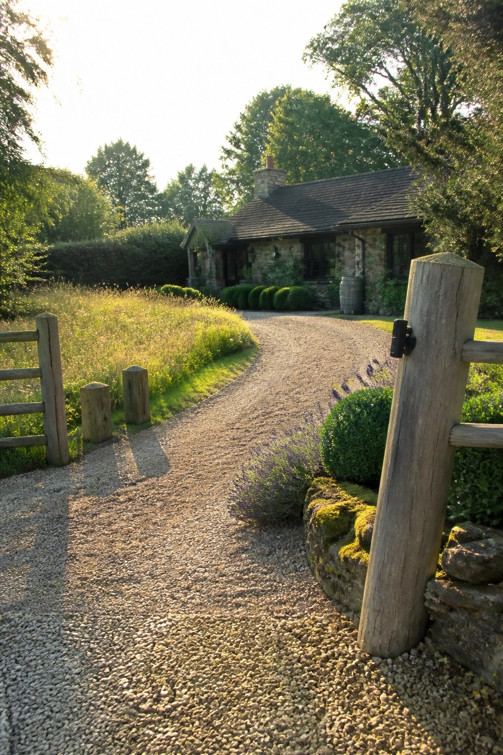 A gravel driveway curves past wooden fence posts and lavender toward a stone house with trees in the background.