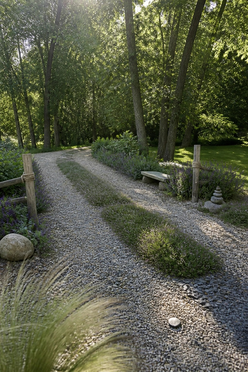 A winding gravel path with central strips of low vegetation runs through a wooded area, bordered by wooden posts and flowering plants with a stone bench visible along one side.