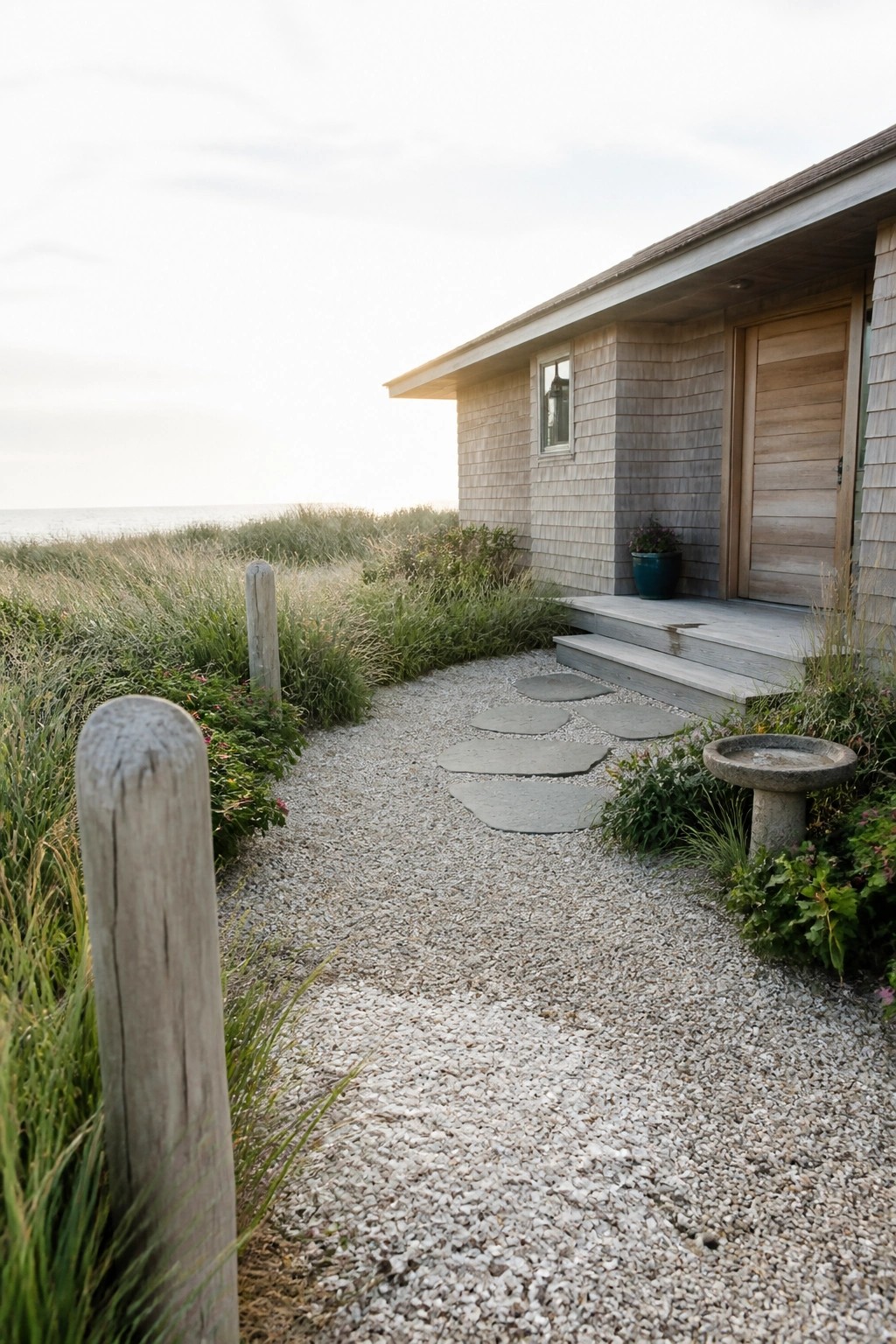 A gravel path with irregular stepping stones leads to the front steps of a shingled house, with grass and plants on both sides and the ocean visible in the distance.