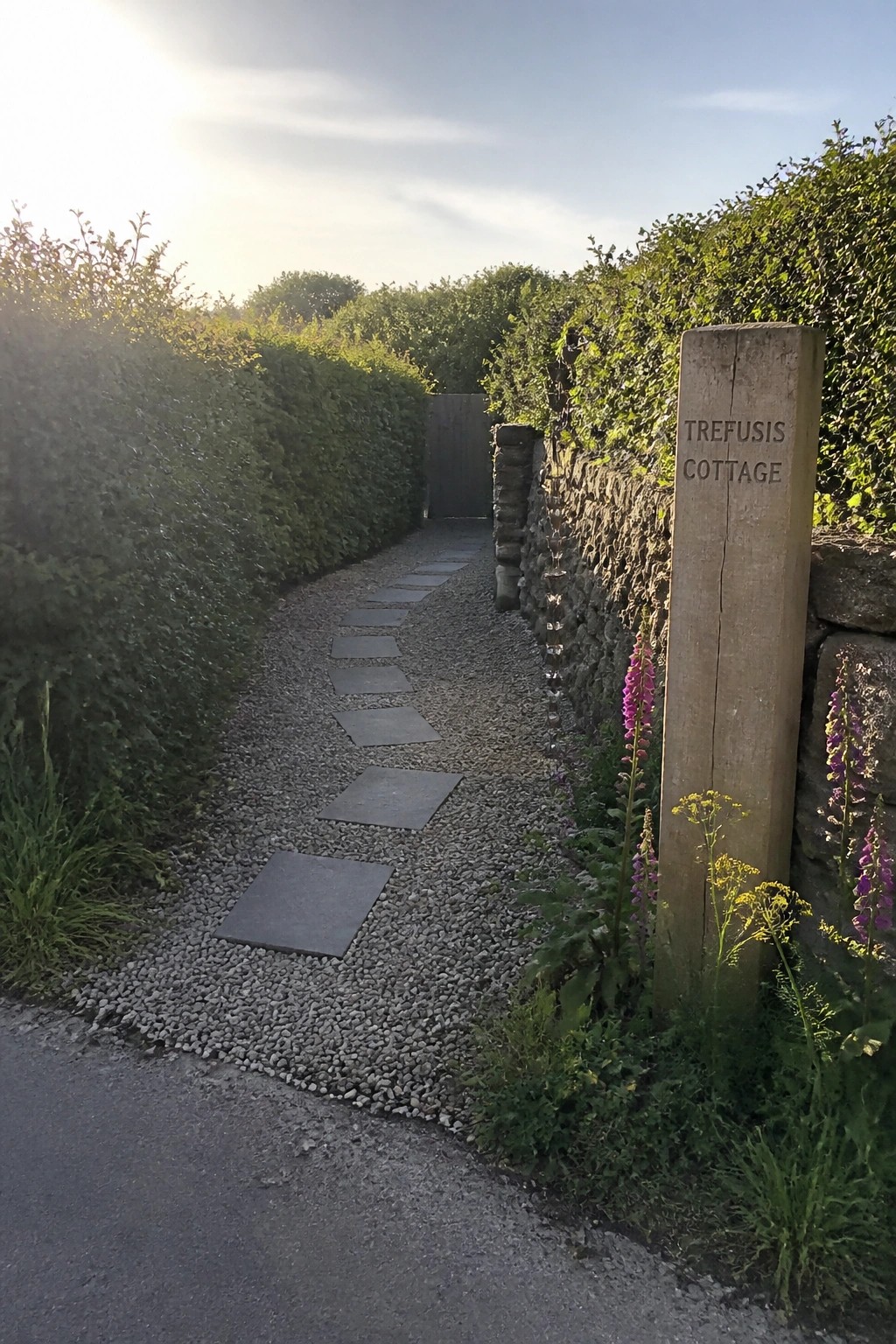 Gravel path with stepping stones beside Trefusis Cottage signpost and flowering stone wall