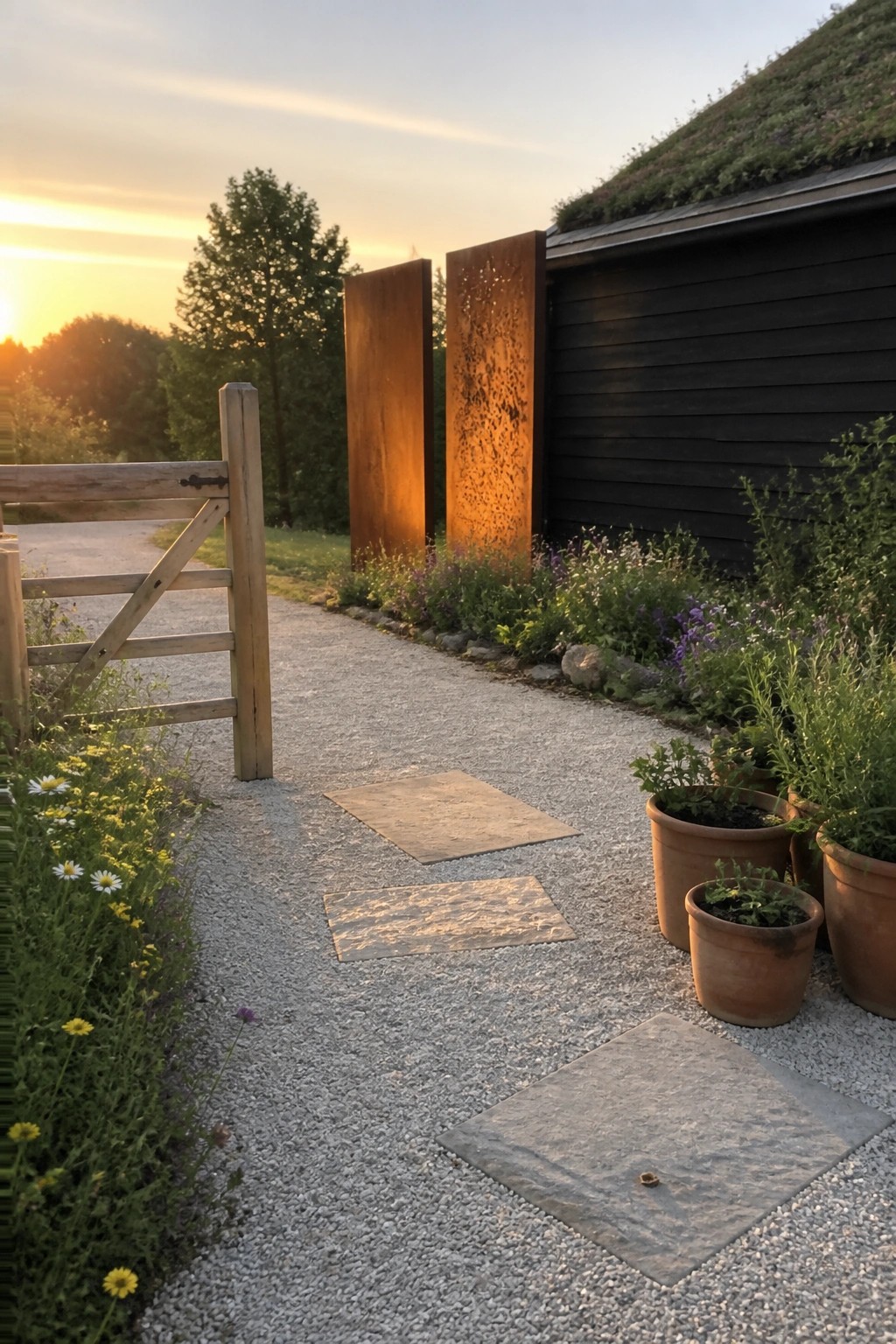 Gravel path with stepping stones, rusted metal screens, wooden gate, and potted plants at sunset.