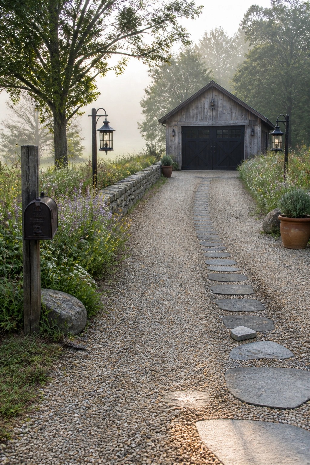 A gravel driveway features a central line of large flat stepping stones leading to a wooden garage, with a low stone wall, wildflowers, and a mailbox on a post to the left.