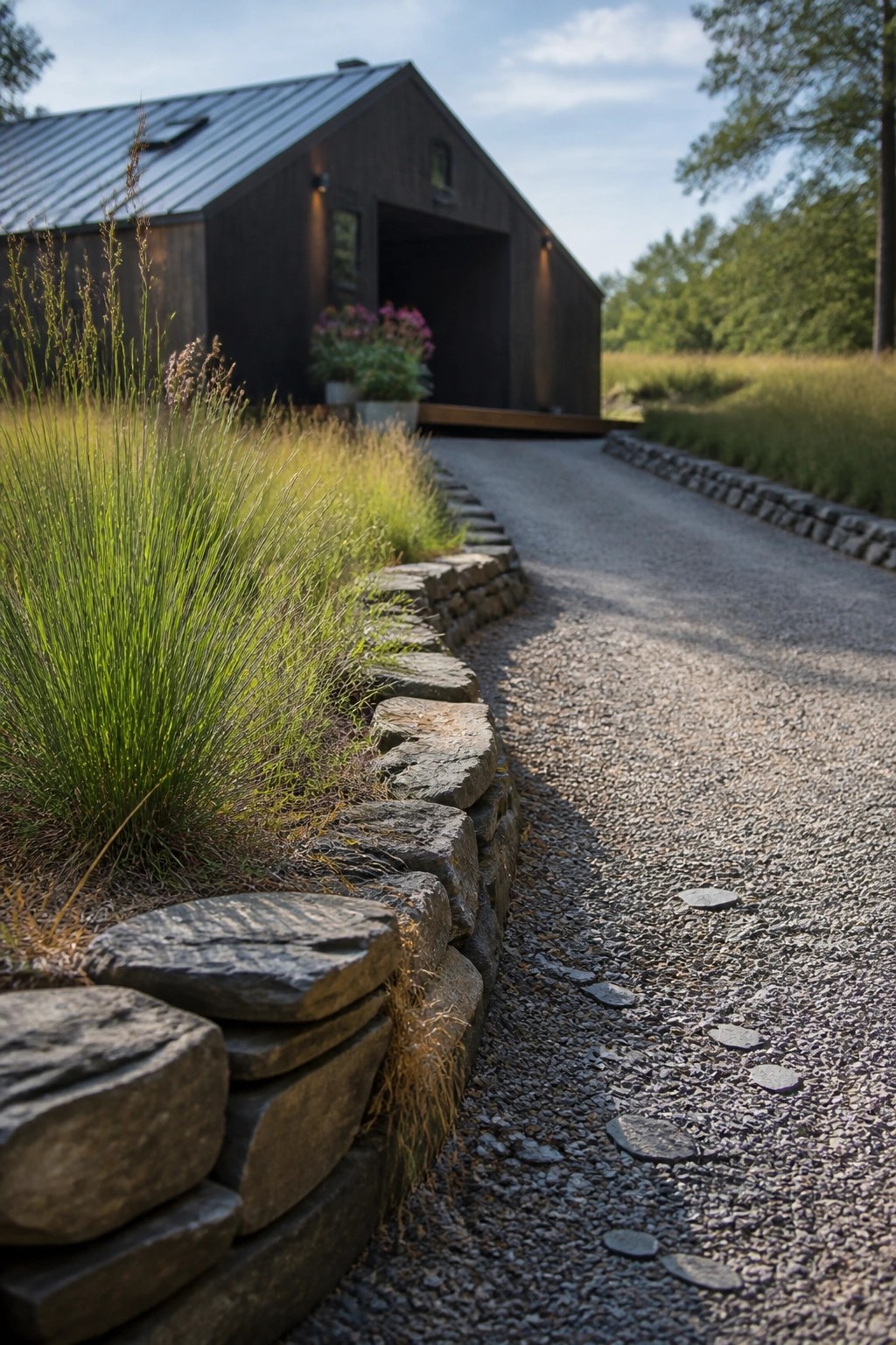 A gravel driveway curves past a low stacked stone wall lined with tall grasses, leading toward a dark wooden building with an open garage door.