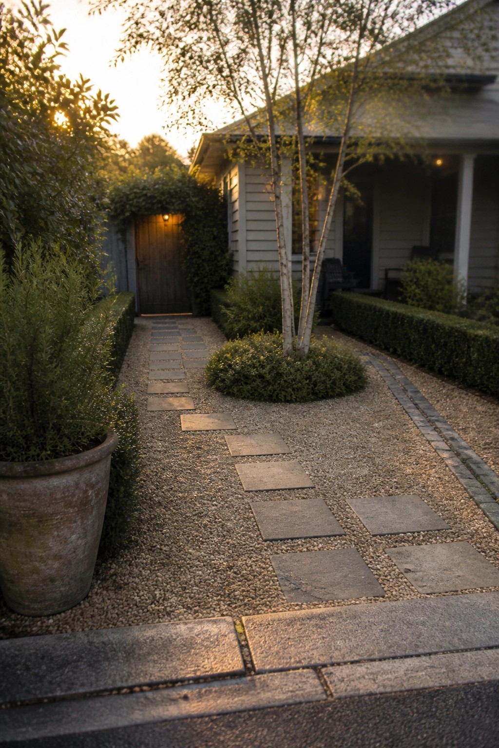 A gravel path with rectangular stone pavers runs between hedges and potted plants toward a wooden door on a house.