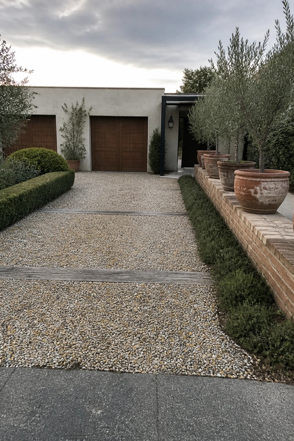 Modern home with wooden garage doors, gravel driveway, and potted olive trees on brick ledge.