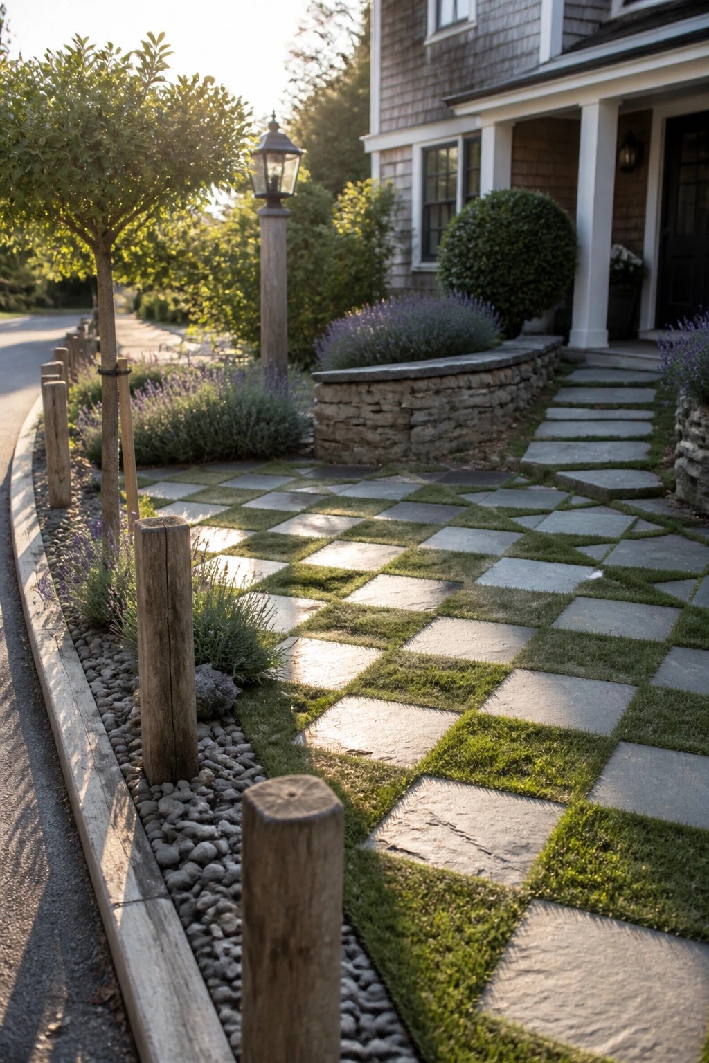 Checkerboard stone and grass path beside wooden posts leading to a house