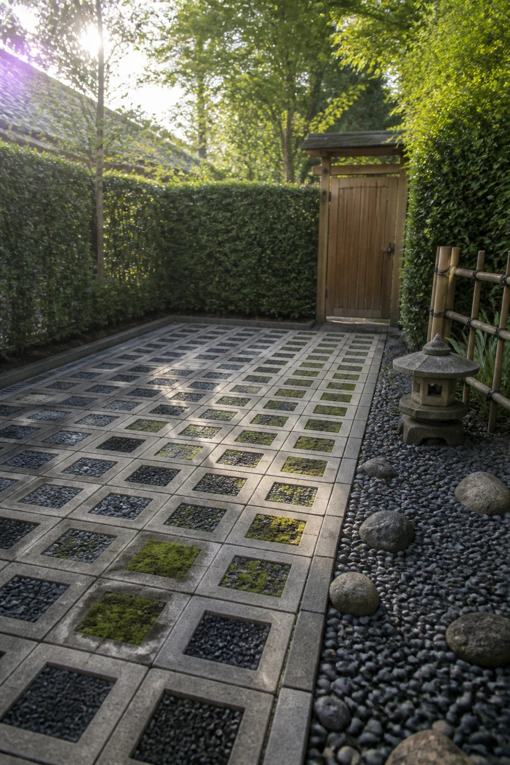 A garden path of square concrete grid pavers filled with dark gravel and patches of moss, running beside a gravel bed with large stones and a stone lantern toward a wooden gate.