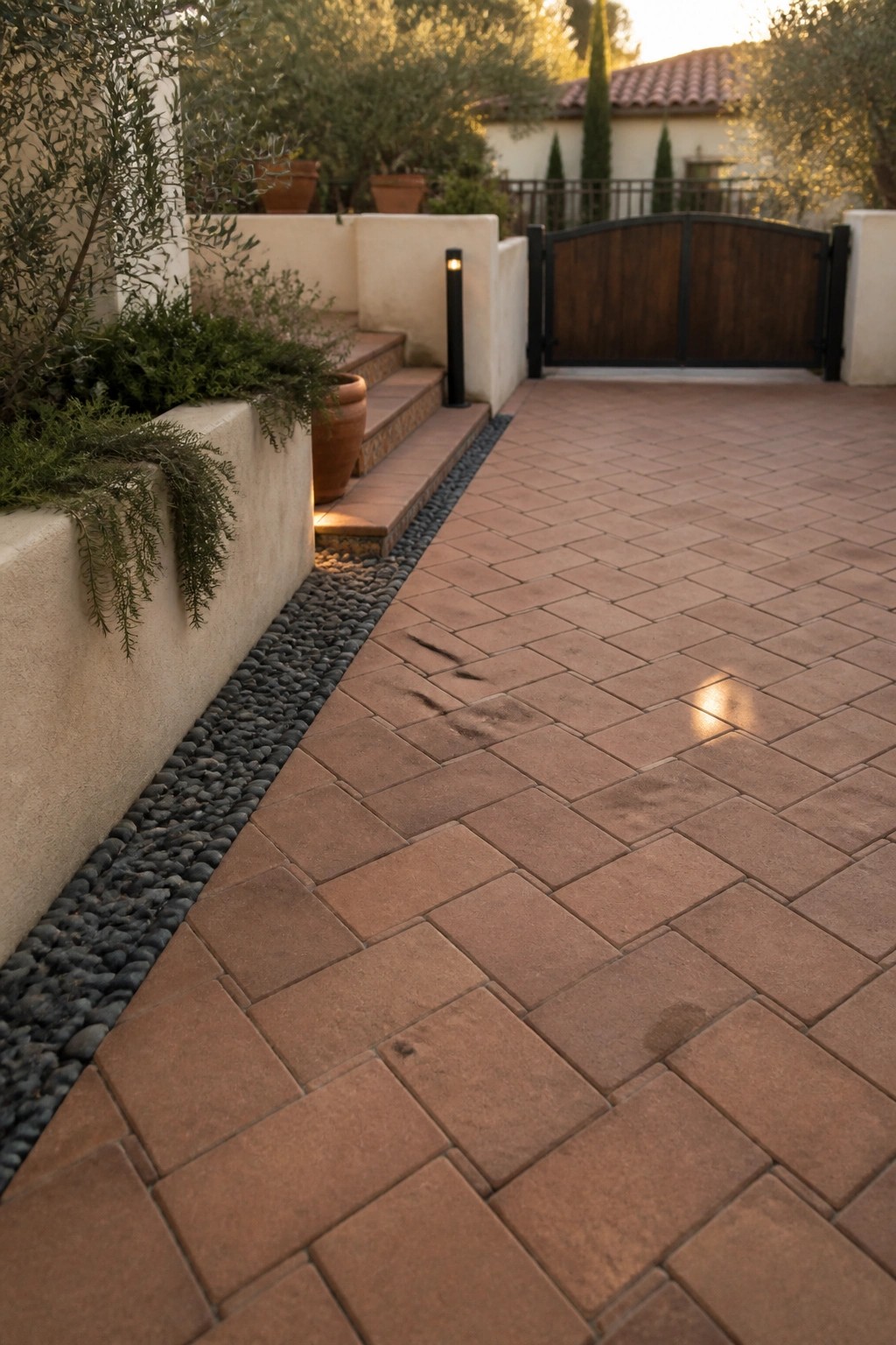 A terracotta-tiled driveway bordered by dark pebbles runs toward a wooden gate beside a stucco wall with plants.