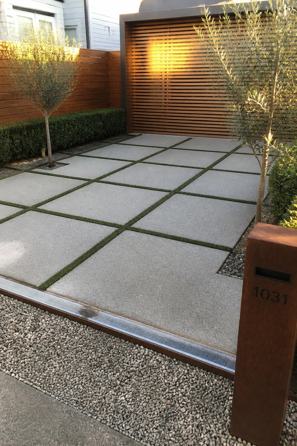 Modern courtyard with concrete pavers, olive trees, wooden gate, and rusted address post.
