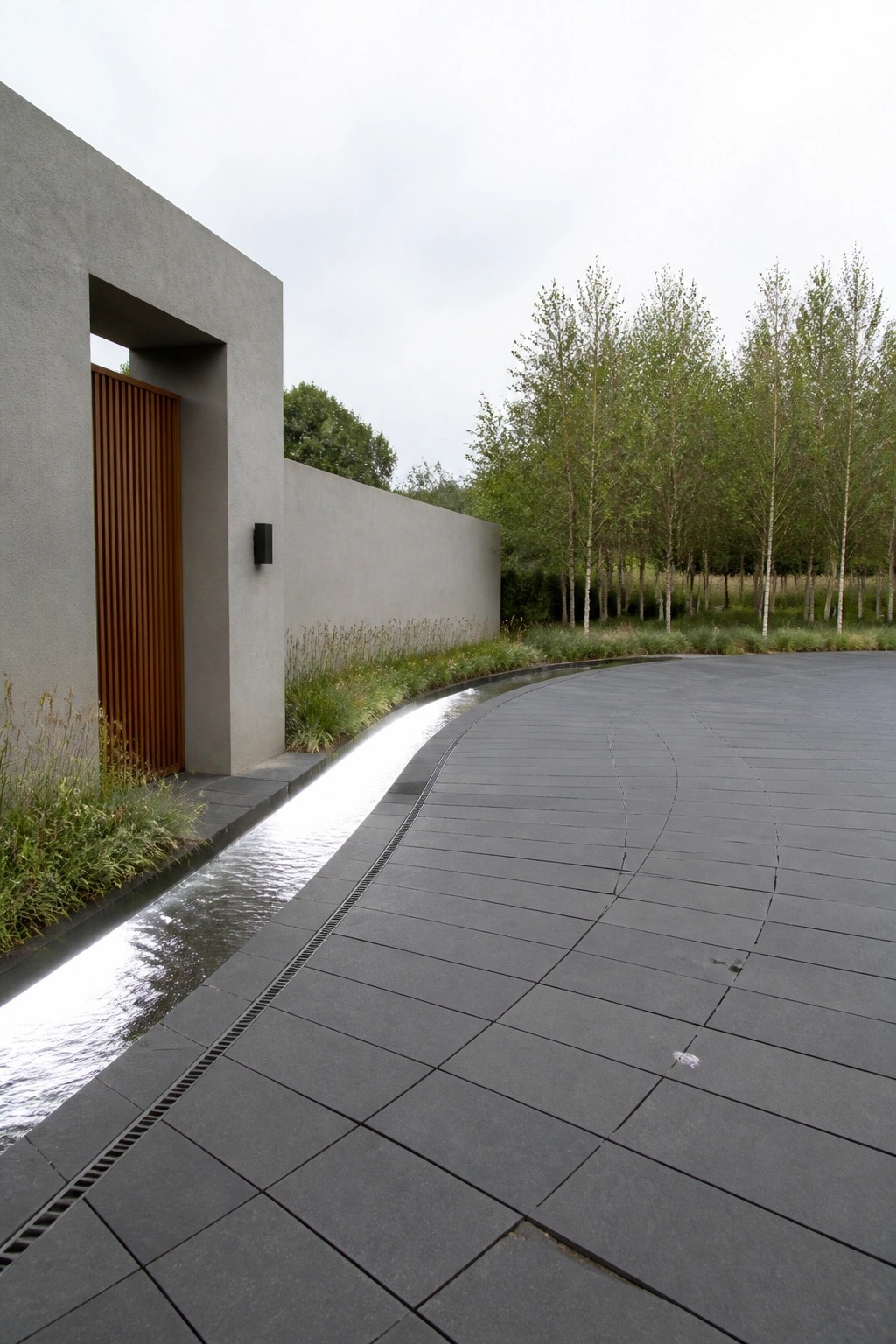 Modern concrete building with wooden door, curved stone pavement, and illuminated water rill