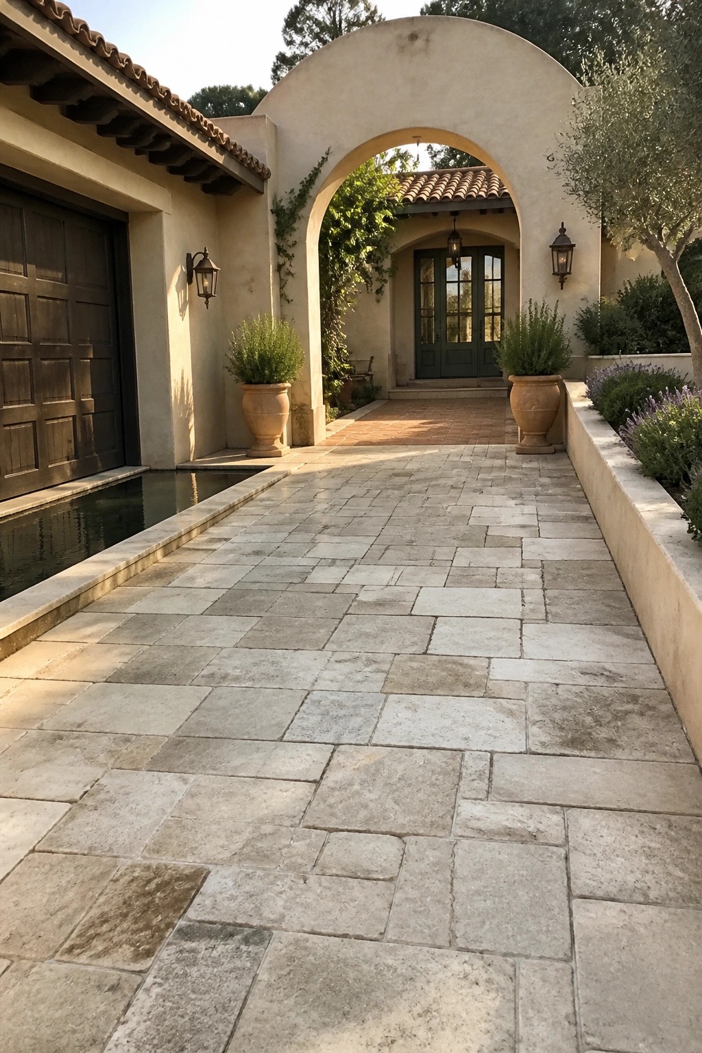A long driveway paved with large irregular light stone tiles leads toward a house entrance with a green door under an archway.
