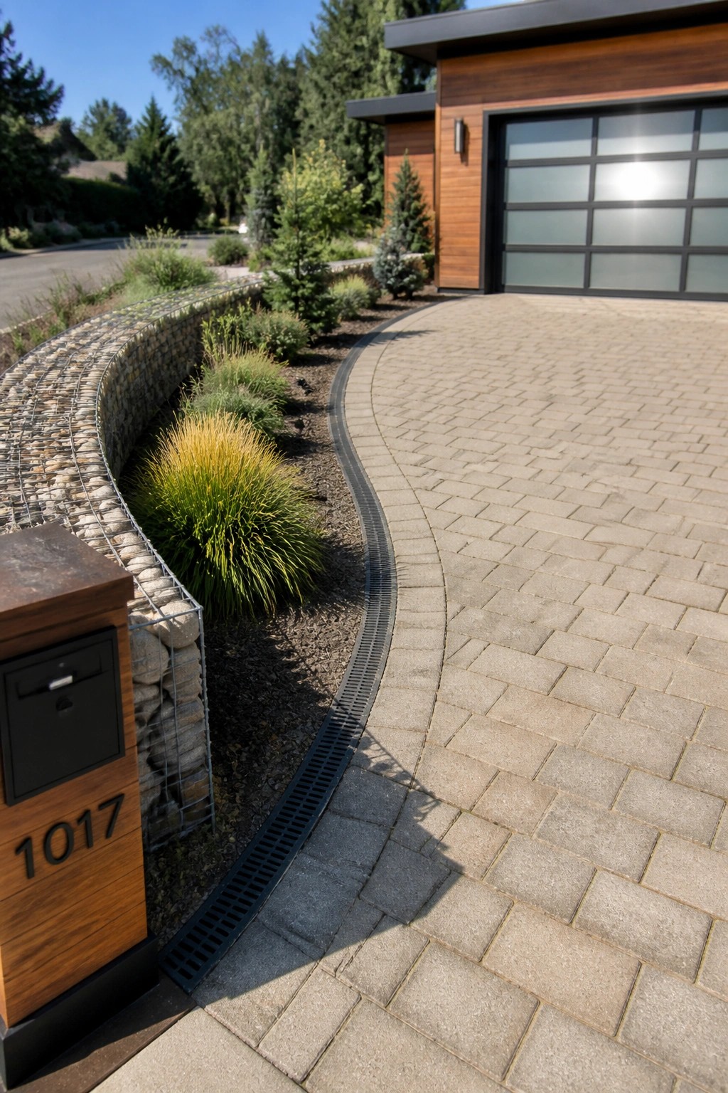 Curved paver driveway beside gabion wall with plants and mailbox numbered 1017