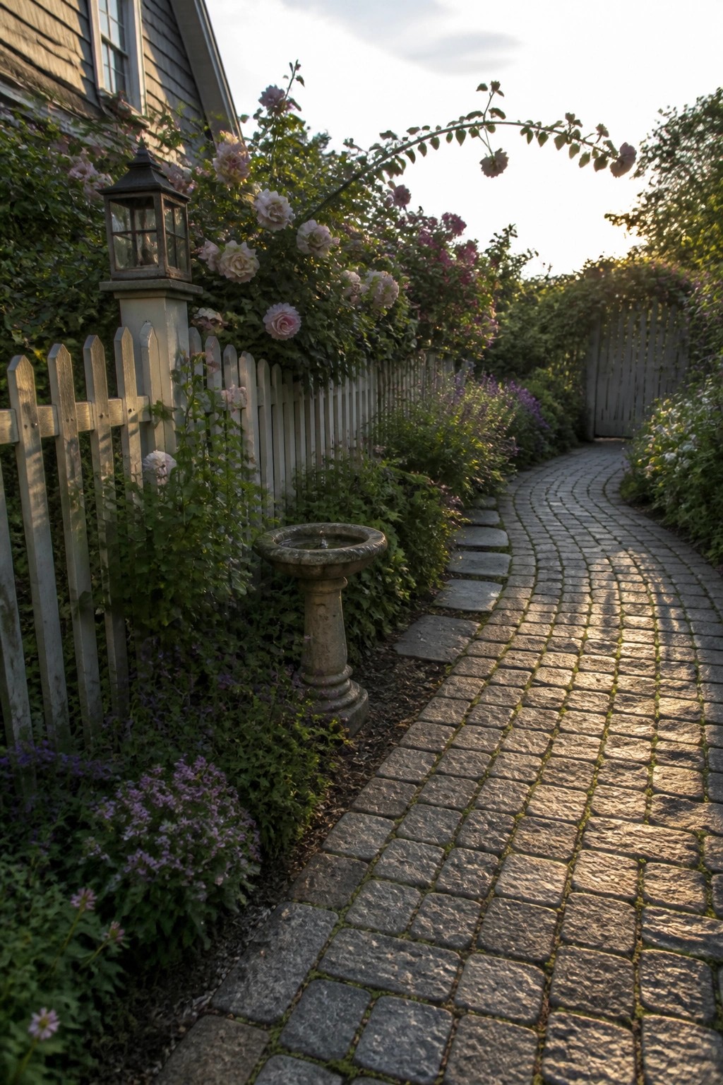 A curved cobblestone path runs beside a white picket fence lined with roses and flowering plants, with a stone birdbath near the edge and a wooden gate visible at the far end.