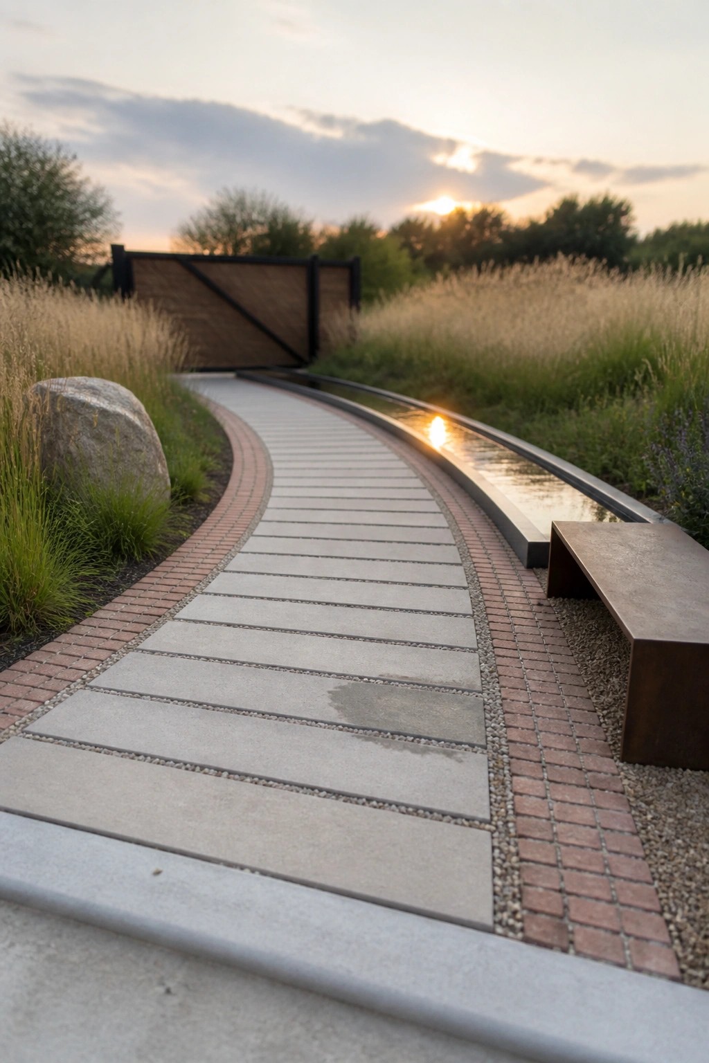 A curved concrete paver path with red brick edging runs beside a narrow water channel through tall grasses and a wooden gate in the background.