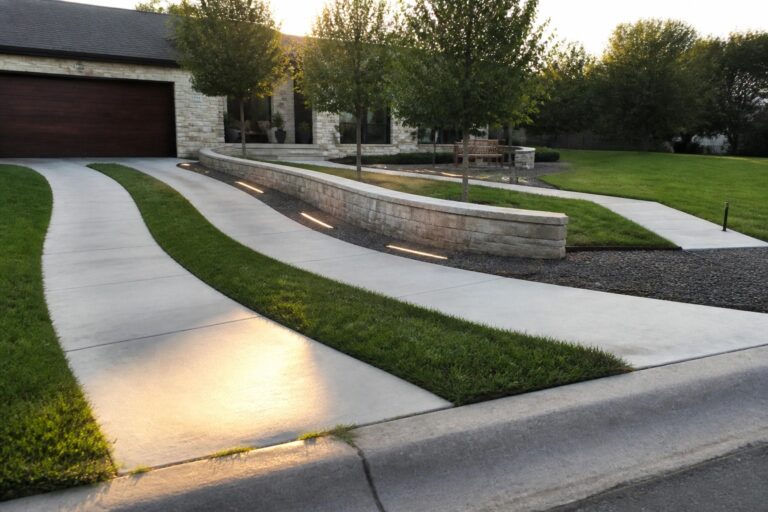 A curved concrete driveway bordered by grass leads past a low stone retaining wall with small lights toward a house with trees and a garage.