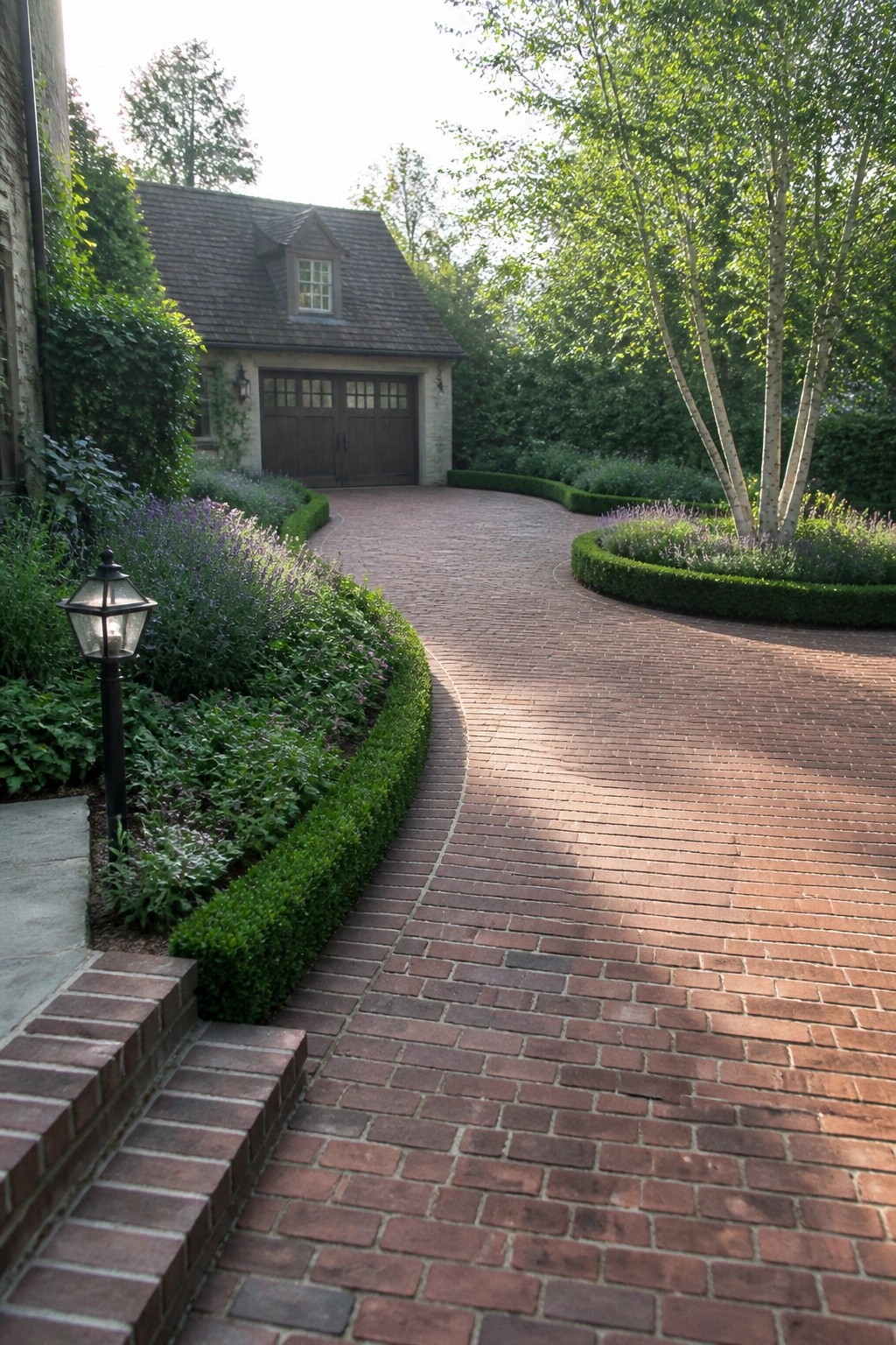 A curved red brick driveway bordered by low green hedges leads toward a house with a dark wooden garage door, with trees and flowering beds on either side.