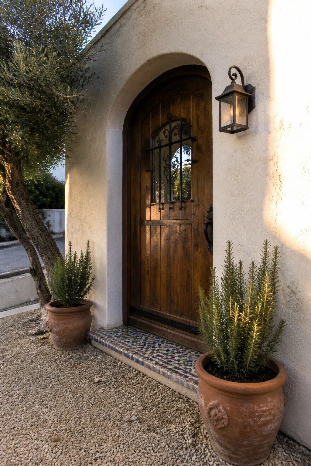 A dark wooden arched door with iron details set in a white stucco wall, flanked by two terracotta pots with green plants on a gravel surface.