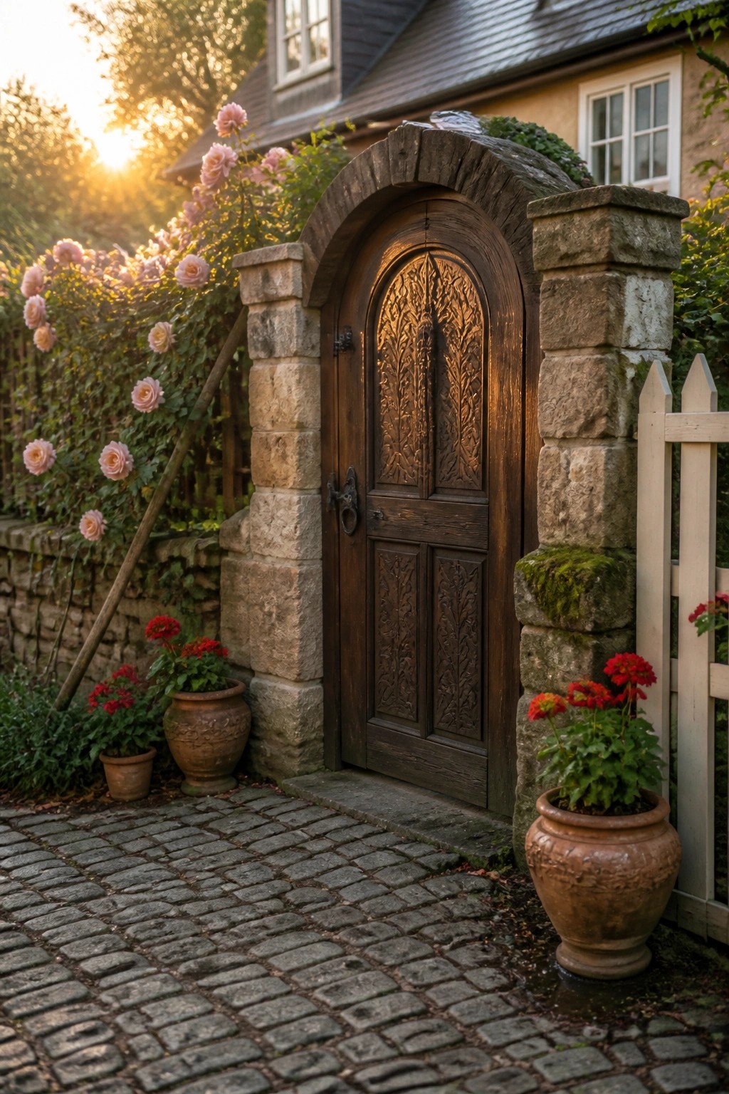 A dark wooden door with carved floral patterns is set in a stone archway next to potted red flowers and a cobblestone path.