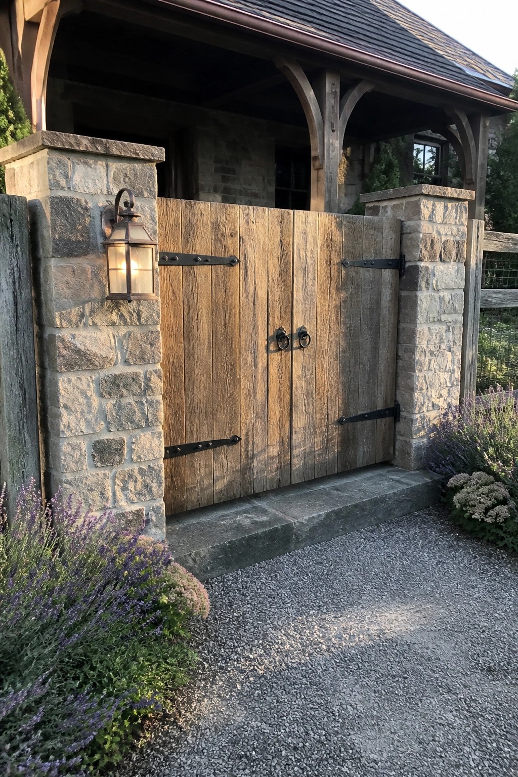 Rustic wooden double gate between stone pillars with lit lantern and purple flowers