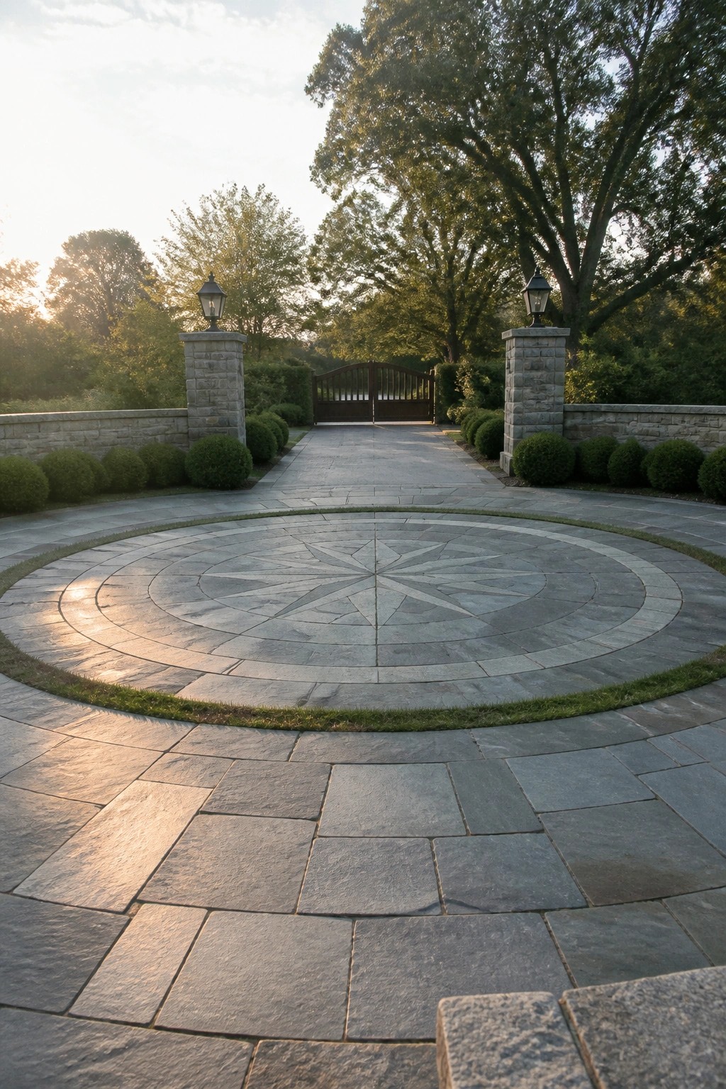 A wide stone driveway with a large circular compass rose pattern centered in the paving, flanked by stone pillars with lanterns and leading toward a wooden gate.