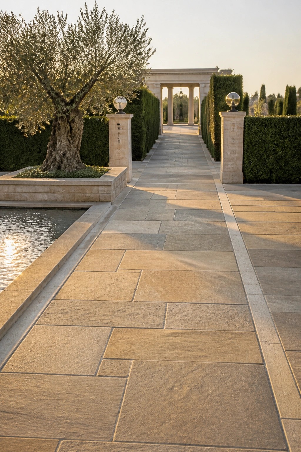 A long driveway of large rectangular stone pavers bordered by tall hedges and stone pillars with globe lights, leading toward a columned portico with an olive tree and water feature on the left.