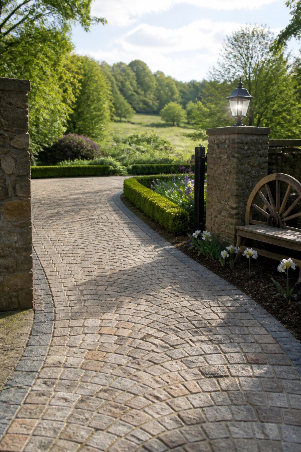 A curved cobblestone driveway bordered by stone pillars, a wooden bench with a wagon wheel, and low green hedges with white flowers.