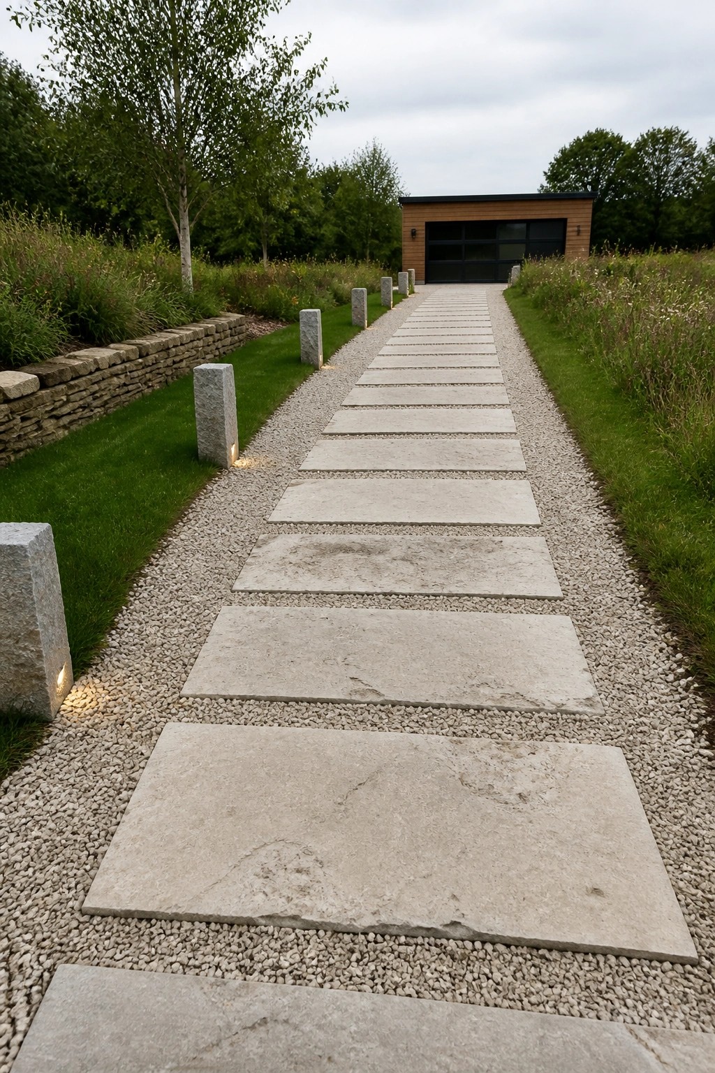 A straight gravel path made of large rectangular stone slabs leads toward a modern wooden building with a black garage door.