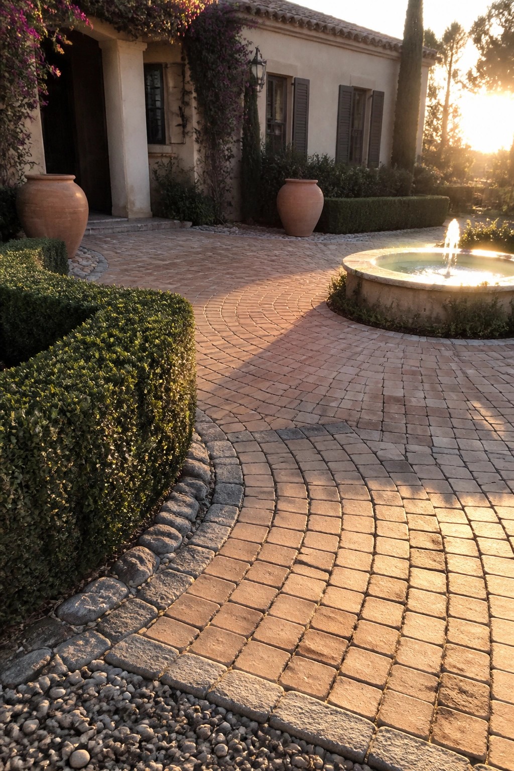 A curved brick paver driveway bordered by gray stones leads past a round fountain toward a stucco house with terracotta pots and hedges.