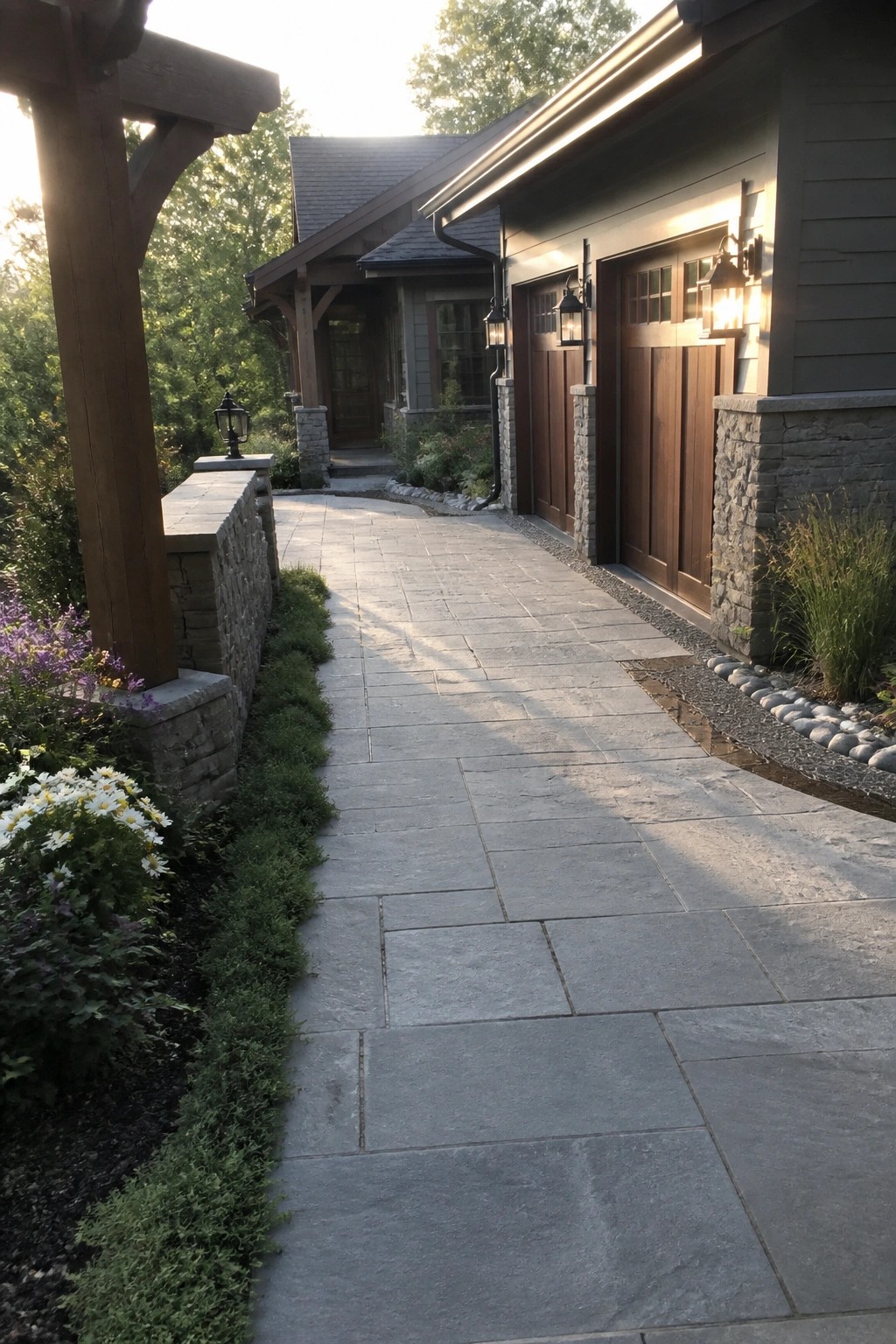 A long driveway of large gray stone pavers curves toward a house with wooden garage doors and stone wall accents, bordered by low plantings.