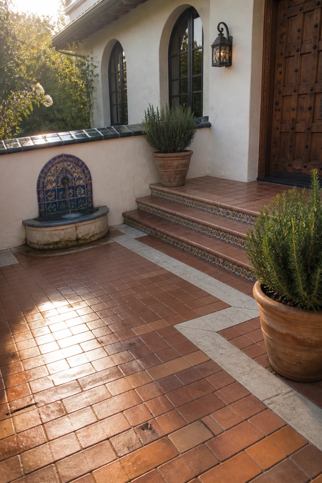 A courtyard paved in reddish-brown terracotta tiles leads up steps to a stucco house with arched windows and a wooden door.