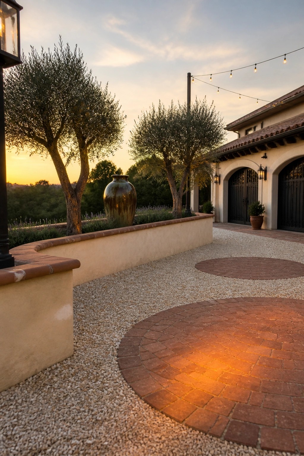A gravel driveway with two large circular brick paver sections leads toward a house with arched black doors, flanked by olive trees and a low stucco wall.