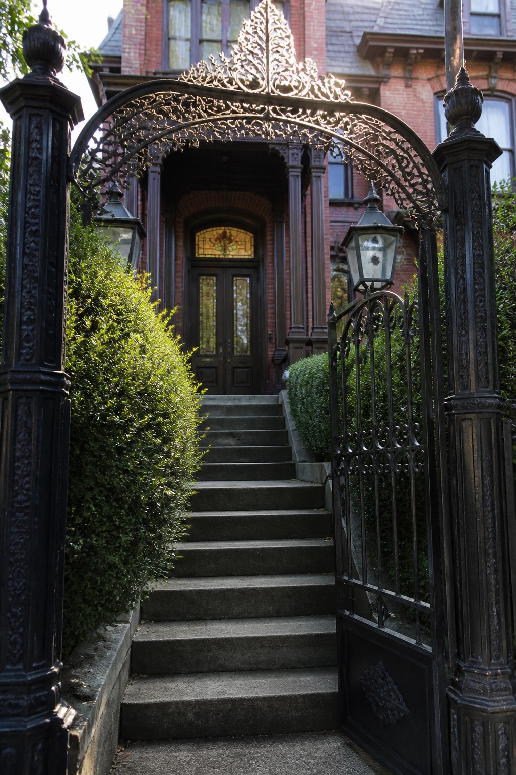 An ornate black iron gate stands open at the base of stone steps leading to a brick house entrance with double doors and lanterns.
