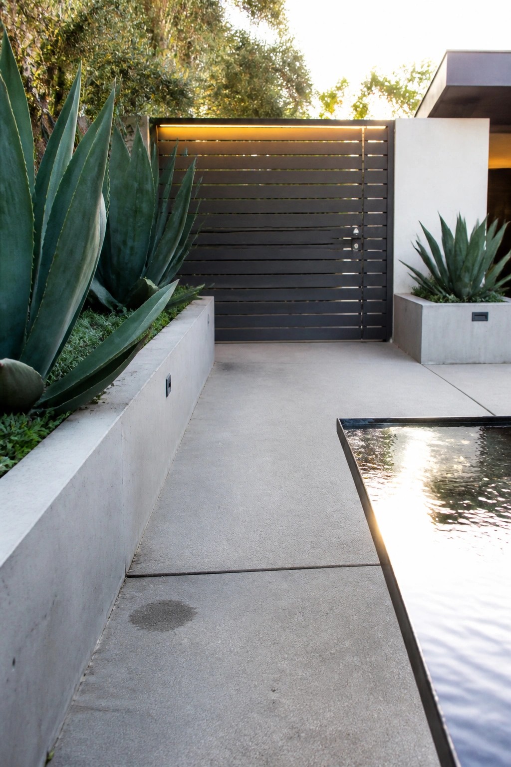 A concrete path leads to a dark horizontal slat gate set between concrete planters filled with large agave plants and a narrow water feature on the right.