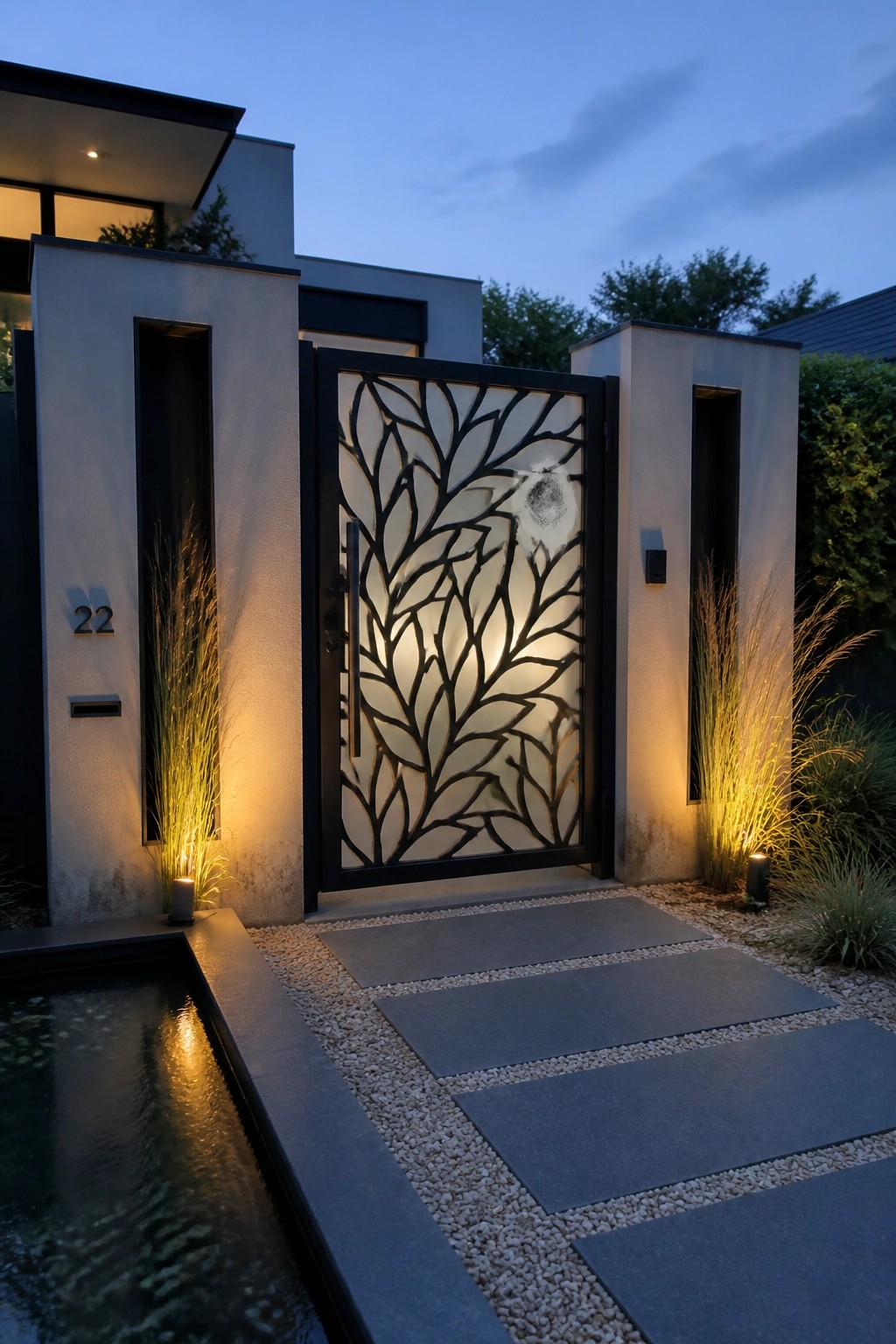 A modern house entrance at dusk with a black metal gate featuring a large leaf cutout pattern, flanked by concrete walls, tall grasses, and a narrow water feature.