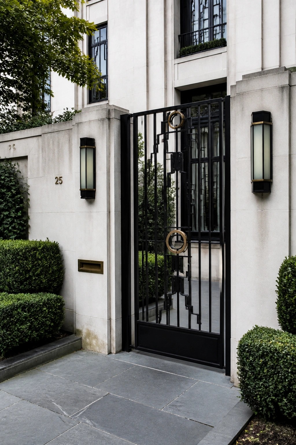 A black iron gate with vertical bars and gold circular accents stands open between light stone pillars beside a paved entry.