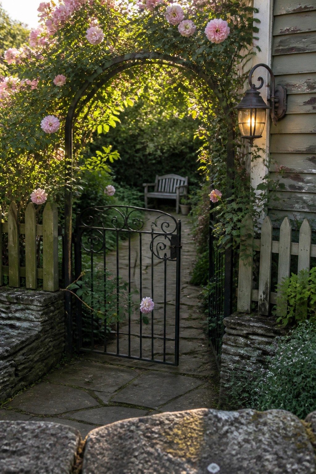 Open wrought iron gate beneath pink rose arch over stone garden path