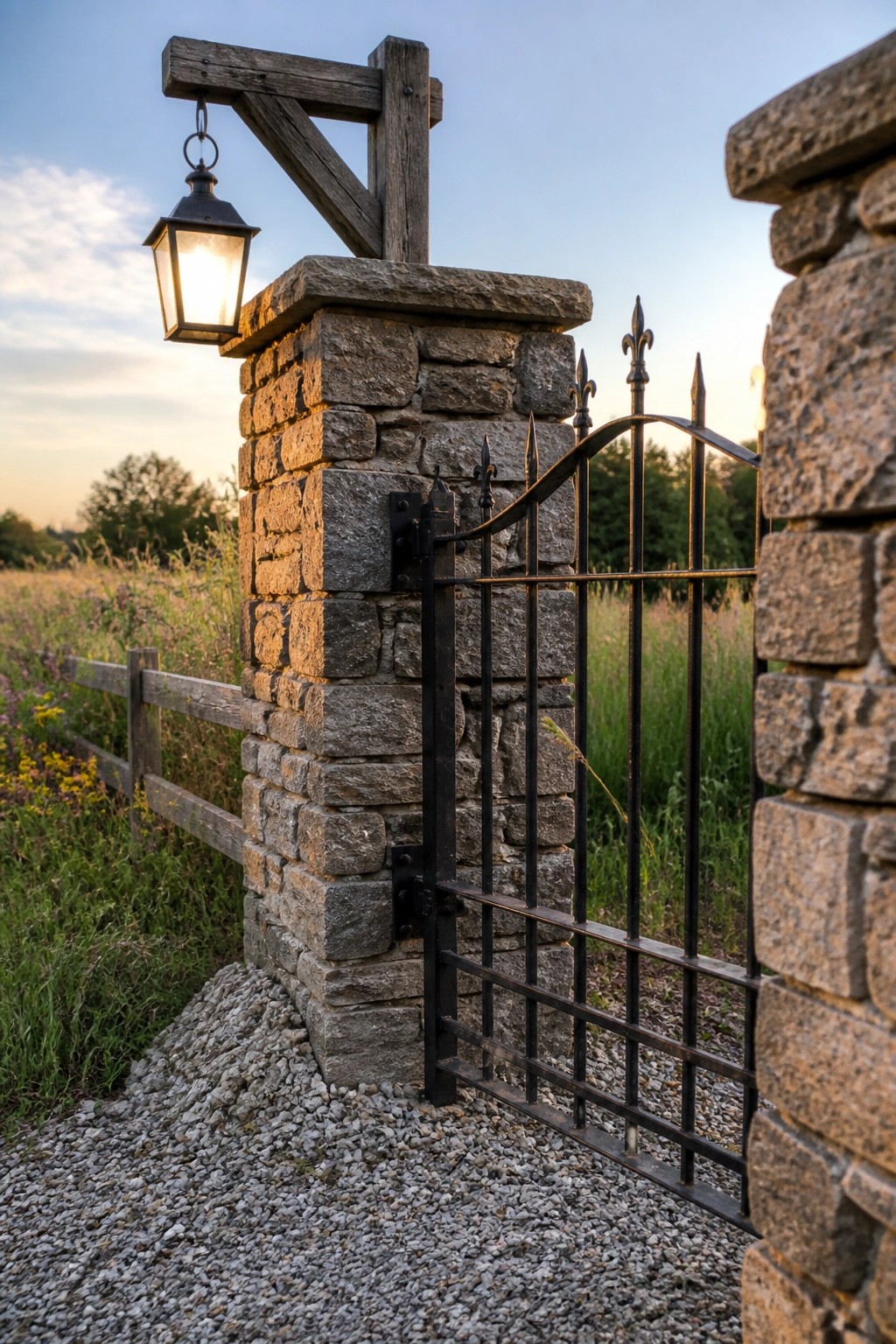 Stone pillar with lit lantern beside open black wrought-iron gate at dusk