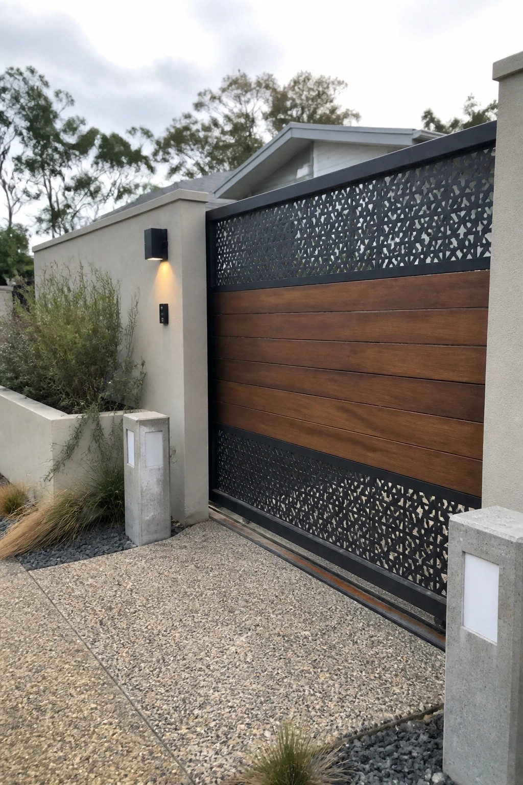 A modern sliding driveway gate with black decorative iron lattice at the top and bottom sections framing horizontal wooden panels, installed between concrete walls.