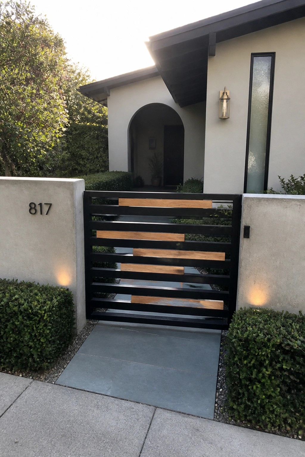 Modern black-and-wood gate at beige house entrance with number 817.